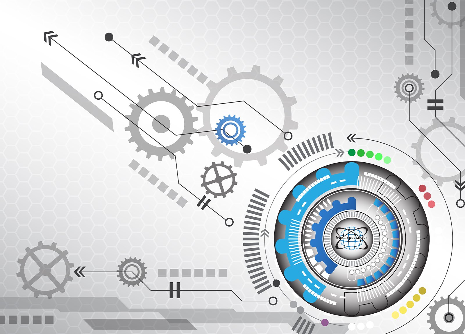 Mica Specialties logo at the center of a blue and silver gear and circuit graphic