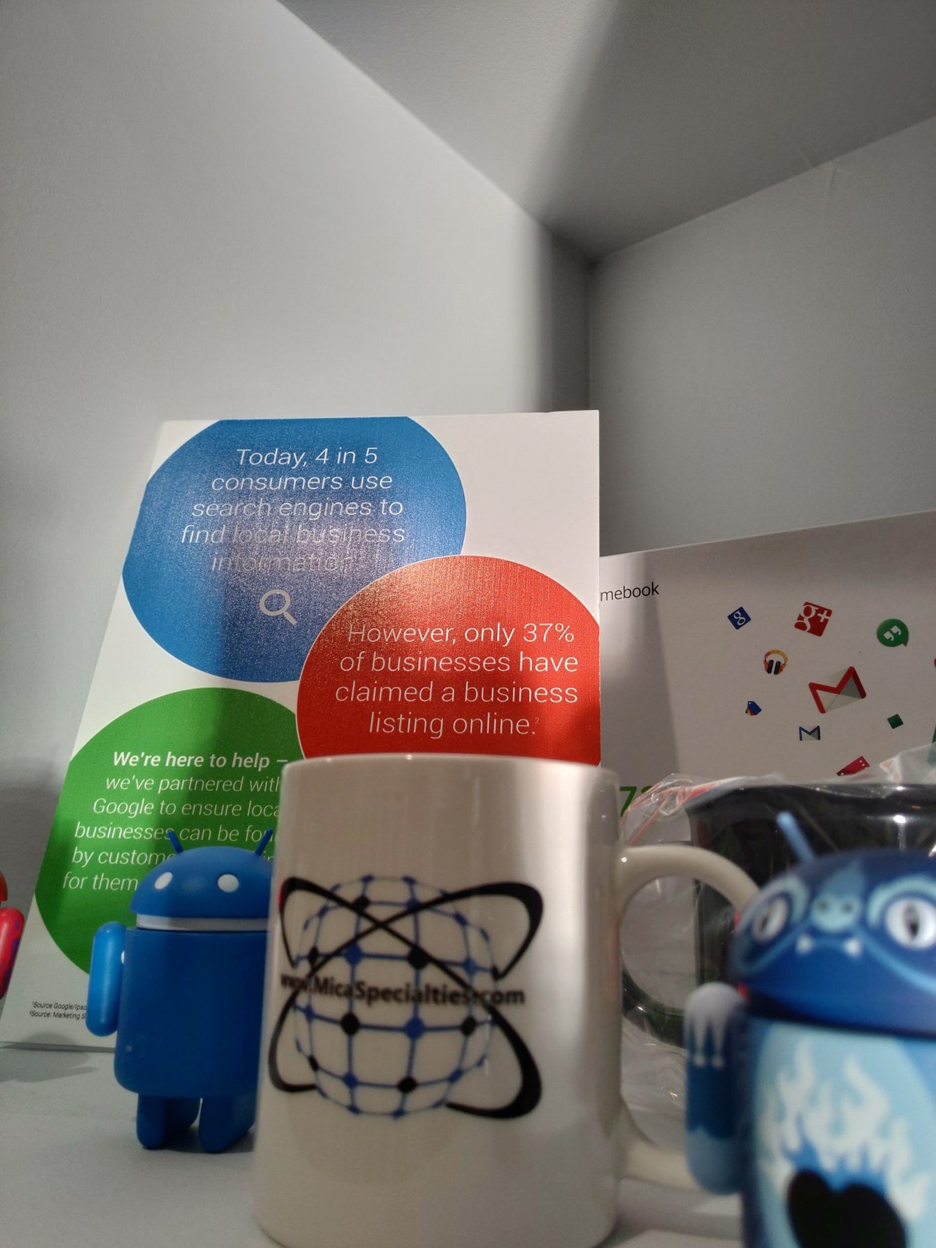 Google Get Your Business Online card beside a Mica Specialties mug and Android figures