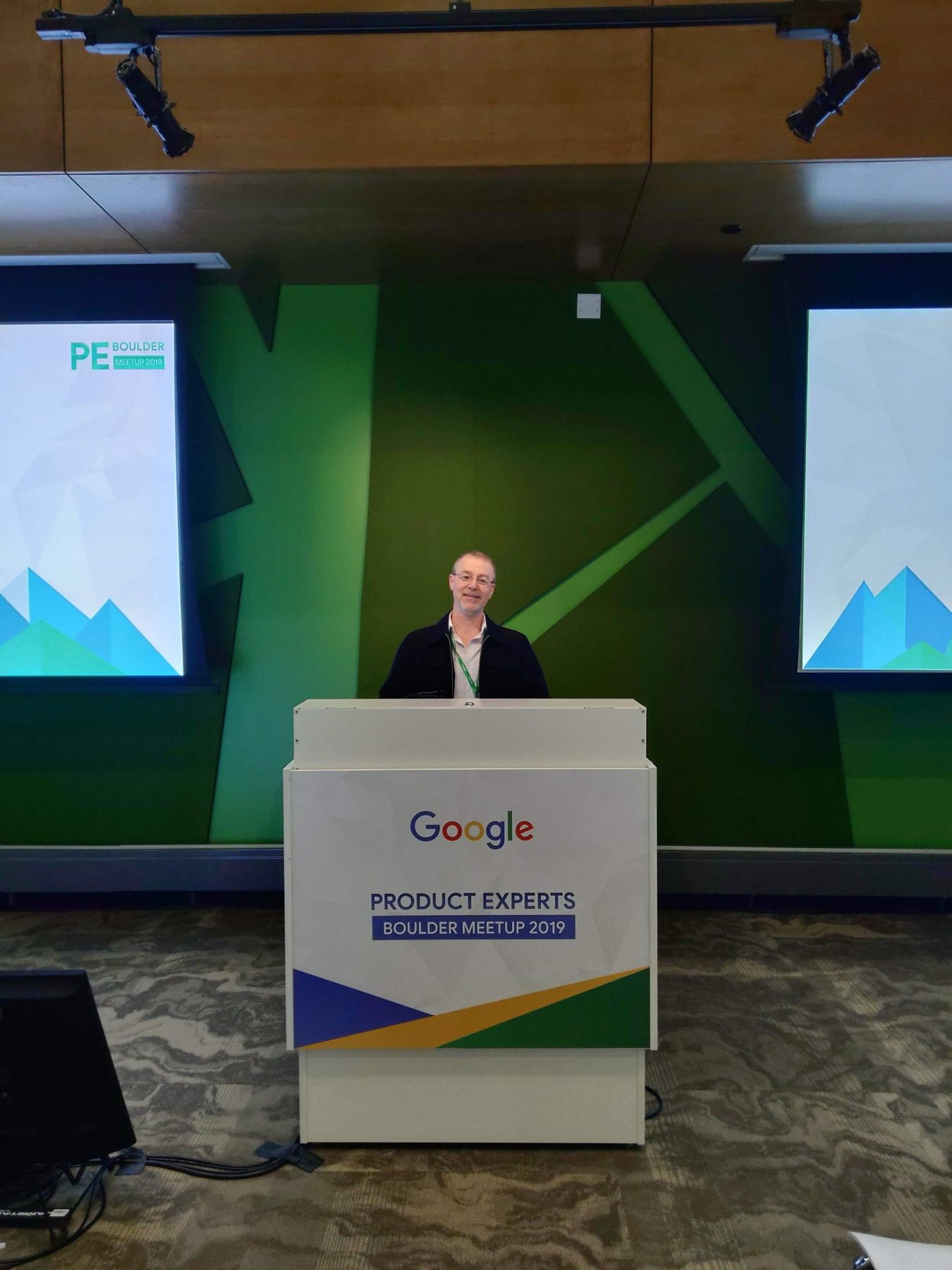 James Clemens at the Google podium at the Google Product Experts Boulder Meetup 2019