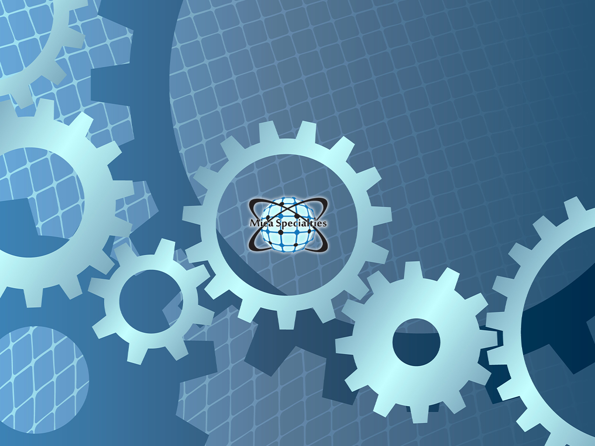 Teal and blue gears over a blueprint grid with the Mica Specialties logo at the center